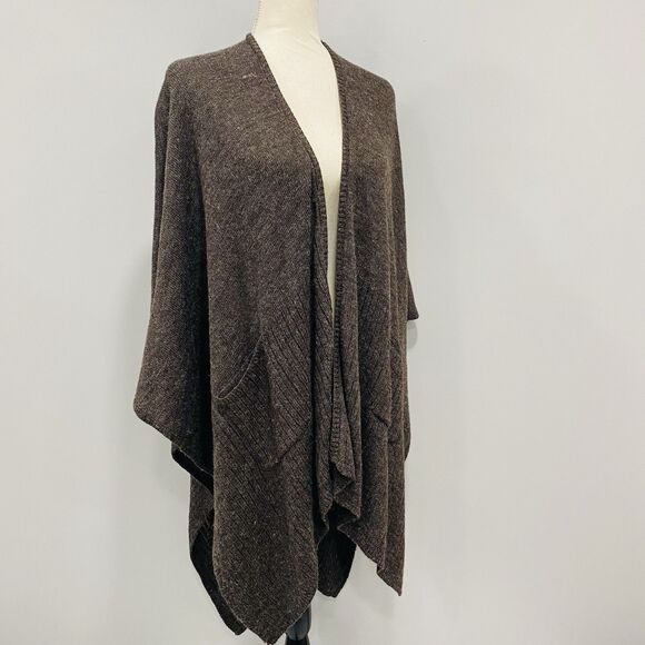 CHICO’S OS Brown Knit Wool Blend Ruana Shawl Wrap Casual Cocktail Lagenlook - Picture 2 of 16